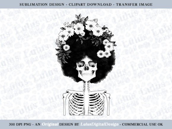 Black Floral Afro Skeleton Clip Art: A Design Asset with Character